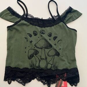 Romwe Fairycore Mushroom Print Contrast Lace Cold Shoulder T Shirt New with Tags